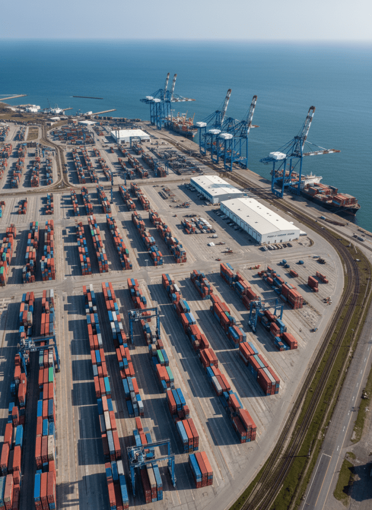 An expansive aerial, photographic view of a modern deep-water port facility on the Atlantic coast, representing export infrastructure relevant to US-DRC trade. Stacks of multicolored shipping containers are arranged in precise geometric patterns along wide concrete quays, with towering blue and white gantry cranes aligned neatly at the water’s edge. The ocean appears a deep steel-blue under bright but slightly diffused midday sunlight, creating crisp, natural shadows that emphasize scale and order. In the midground, orderly rail tracks and paved access roads lead toward an industrial logistics zone. The composition uses wide-angle framing with sharp focus across the scene, conveying efficiency, capacity, and international connectivity in a calm, businesslike mood.